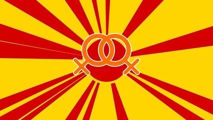 Poster - Lesbian symbol on the background of animation from moving rays of the sun. Large orange symbol increases slightly. Seamless looped 4k animation on yellow background