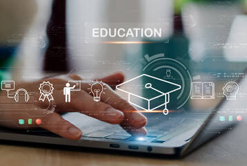 Wall Mural - human use laptop technology internet learning and study online class technology network, e-learning,