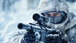 A sniper with a weapon sits in a winter forest