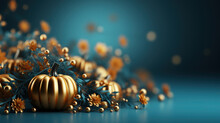 Thanksgiving Pumpkins With Fruits And Falling Leaves Copy Space Blury Blue Background Focus On Foreground
