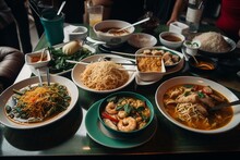 Table Of Thai Restaurant Foods Featuring Green Dishes, Pad See Ew Noodles, And Tom Yum Goong Soup. Generative AI