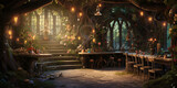 An enchanting fairy dining room with fairy decorations awaits the arrival of fairy creatures. AI digital art