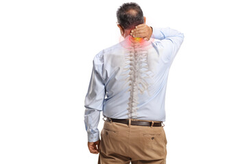 Sticker - Rear view shot of a mature man with visible spine bone holding his stiff neck