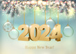 Abstract holiday christmas light banner with gold 2024 numbers and transparent balls. Vector illustration
