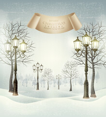 Wall Mural - Christmas winter landscape with lampposts and vintage paper sign. Vector.