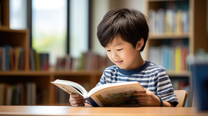 Wall Mural - A little boy preschooler reading a book sitting at his desk in the classroom