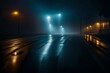 © Amazing-World - a searchlight, smoke, neon lights reflected in wet asphalt. Dark, desolate roadway with smoke and pollution, with abstract light. Dark background image with a nighttime cityscape and deserted street.