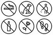 No smoking, dogs, trash, alcohol line icons. Do not pick flowers and walk on lawn outline signs isolated on white background. Prohibition pictograms in linear style. Editable stroke. Vector graphics