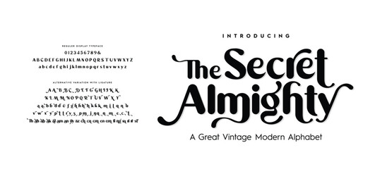Poster - the secret almighty, rounded typography. elegant stylish alphabet letters font, ligatures, and numbe