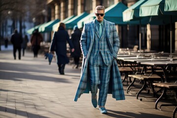 Wall Mural - Man Walking on Street in Stylish Blue Suit