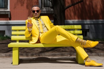 Wall Mural - A Stylish Gentleman Relaxing on a Vibrant Bench in Yellow Hues