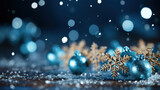 Fototapeta  - Celebration with Christmas Balls Snow Flacks Blue Sparkie Lights Defocused Background Image