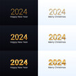 2024 Happy New Year. Gold logo. Design set for invitation, greeting card, calendar, label, party on black or white backgrounds. Vector