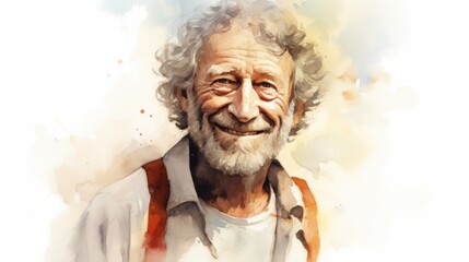 Wall Mural - Smiling Old White Man with Brown Curly Hair Watercolor Illustration. Portrait of Casual Person on white background with copy space. Photorealistic Ai Generated Horizontal Illustration.