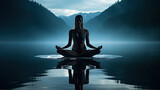 Fototapeta  - meditation in the lotus position, woman in sports bra meditating for chakra balance in a cinematic blue atmosphere, the calm of nature in the background, reflection in a screen of water