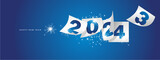Fototapeta  - Happy new year 2024 and the end of 2023. Winter holiday greeting card design template on blue background. New year 2024 and the end of 2023 on white calendar sheets and sparkle firework