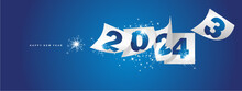 Happy New Year 2024 And The End Of 2023. Winter Holiday Greeting Card Design Template On Blue Background. New Year 2024 And The End Of 2023 On White Calendar Sheets And Sparkle Firework