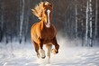 A chestnut horse running with a gallop in the winter. Generative AI