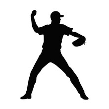 Baseball Pitcher, Mens' Baseball Pitcher Throwing The Curveball To The Batter. Baseball Player, Vector Silhouette Of A Baseball Player