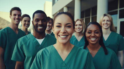 Wall Mural - Group of medical student nurses in training at college, diverse doctor colleagues.