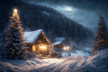 old wooden house decorated with lights and Christmas tree in winter forest, snow covered trees and mountains, cloudy sky at night, blizzard