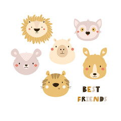 Wall Mural - Childish print, vector illustration with animal portraits of lion, opossum, tiger, capybara, lemur and kangaroo