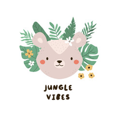 Wall Mural - Childish print, vector illustration with a portrait of a funny opossum in tropical leaves and short phrase JUNGLE VIBES.