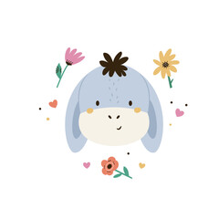 Wall Mural - Childish print, vector illustration with a portrait of a cute donkey and flowers
