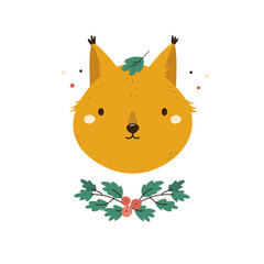 Wall Mural - Childish print, vector illustration with animal portraits of squirrel and twig, branch with green leaves and berries