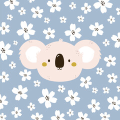 Wall Mural - Childish print, vector illustration with koala portrait and flower heads