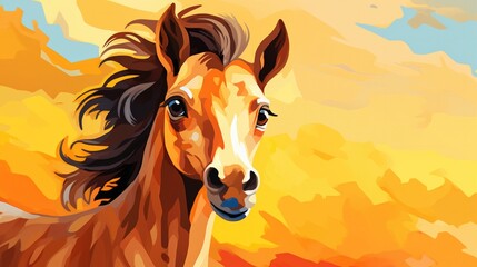 Wall Mural - cute illustration of baby horse on orange background generative ai