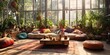 © AkimD - AI Generated. AI Generative. Modern vintage boho style living room architecture design interior with color sofa and many plants. Graphic Art