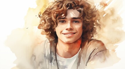 Wall Mural - Smiling Teen White Man with Brown Curly Hair Watercolor Illustration. Portrait of Casual Person on white background with copy space. Photorealistic Ai Generated Horizontal Illustration.