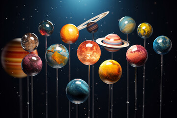 Lollipop candies as planets of solar system. Astronomy themed sugar sweets. Colorful lollipops in shape of planets. Imagination, sweet tooth, space travel and future concept