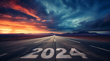 2024 Is Written On A Road That Stretches Into The Distance, As A Symbol Of The Coming New Year. Dramatic Sky