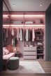 Interior of wardrobe in pink colors in modern house.