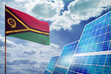 Wall Mural - Vanuatu solar energy, alternative energy industrial concept with flag industrial illustration - fight with global climate changing, 3D illustration