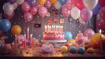 Wall Mural - surprise party with birthday cake generative ai