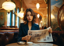 A beautiful Kazakh girl sits at a table in a restaurant and reads a newspaper Prada style