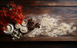 stół drewniany z rozsypaną mąką, przyprawami oraz dekoracją. karta, tło na życzenia świąteczne.