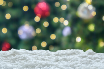 Poster - Empty white snow with blur Christmas tree with bokeh light background