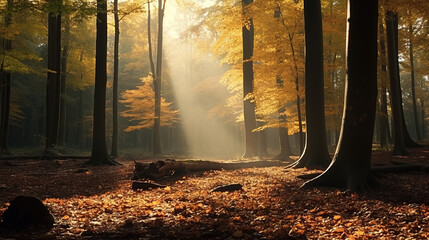 Wall Mural - Beautiful autumnal forest into the morning light.