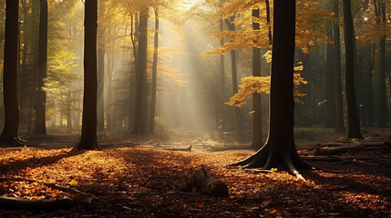 Wall Mural - Beautiful autumnal forest into the morning light.