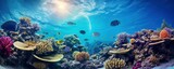 Fototapeta  - beautiful underwater scenery with various types of fish and coral reefs, Generative AI