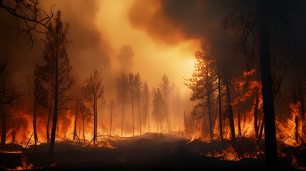 Major fire in the forest with big flames