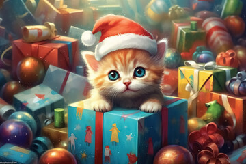 Sticker - cute kitten and christmas gifts, Merry Christmas card. Generative Ai