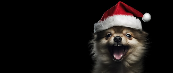 Sticker - puppy dog in christmas hat, panoramic layout, Merry Christmas banner. Generative Ai