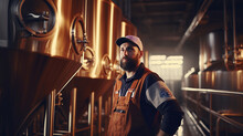 Brewery Worker, Working In Modern Beer Production Factory, Blurred Large Copper Brass Fermentation Tanks In Background.
