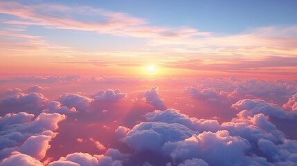 Beautiful sunset sky above clouds with dramatic light. Cabin view from airplane.