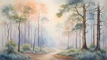 A Watercolor Painting Of A Dry Tree Forest Landscape, Fog Background, Pattern